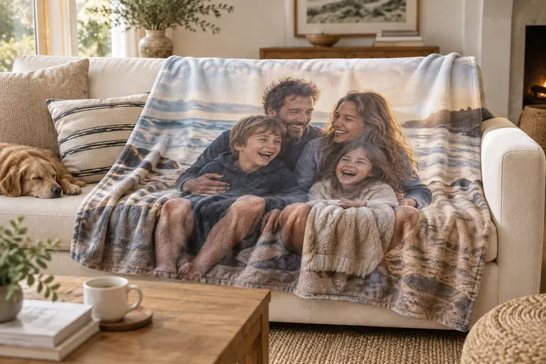 Exemple de plaid avec une photo de famille sur un canapé